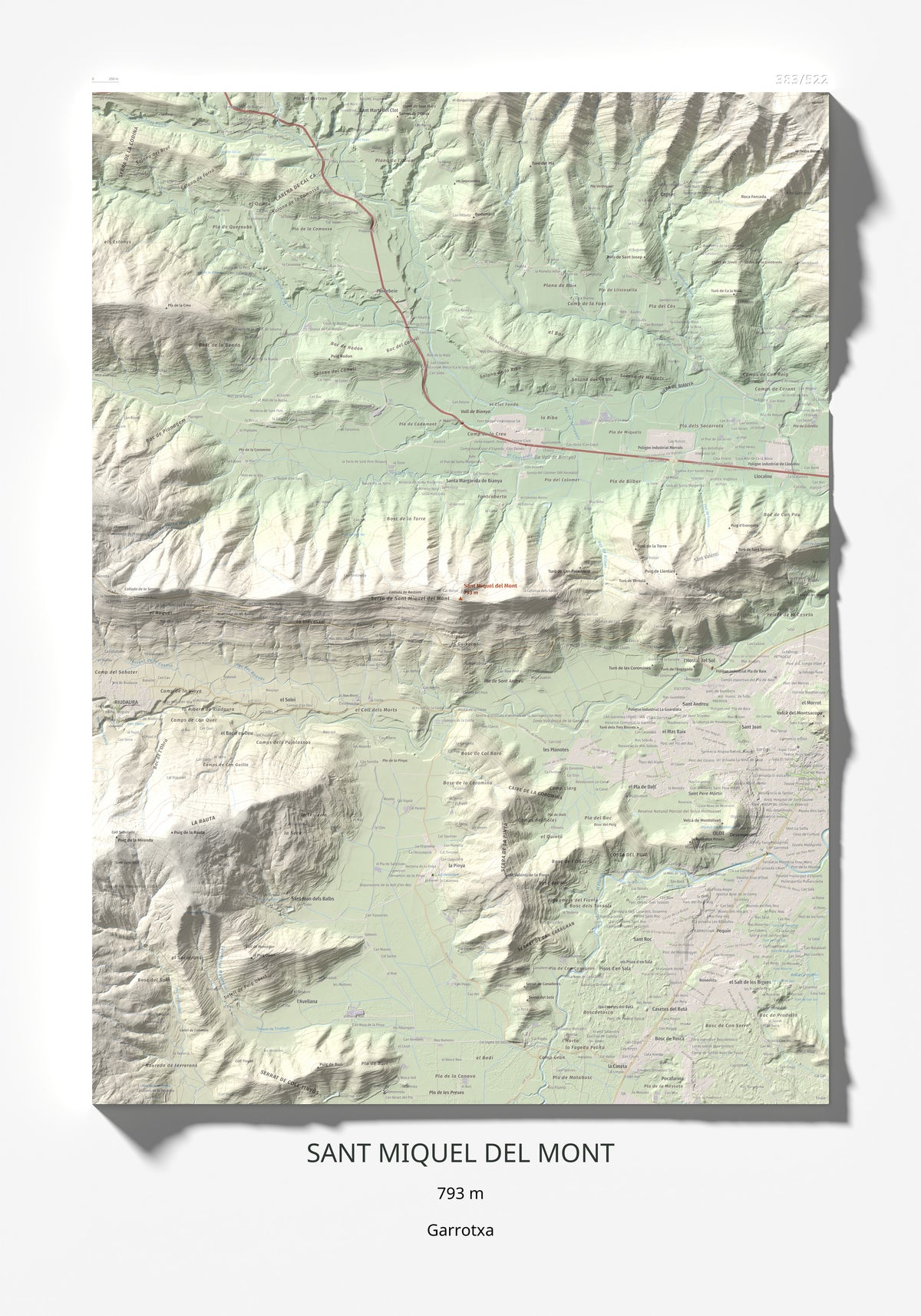 Mapa de relieve de Sant Miquel del Mont, 793 m, Garrotxa, lámina 100 Cims de Trobart 70 × 100 cm.