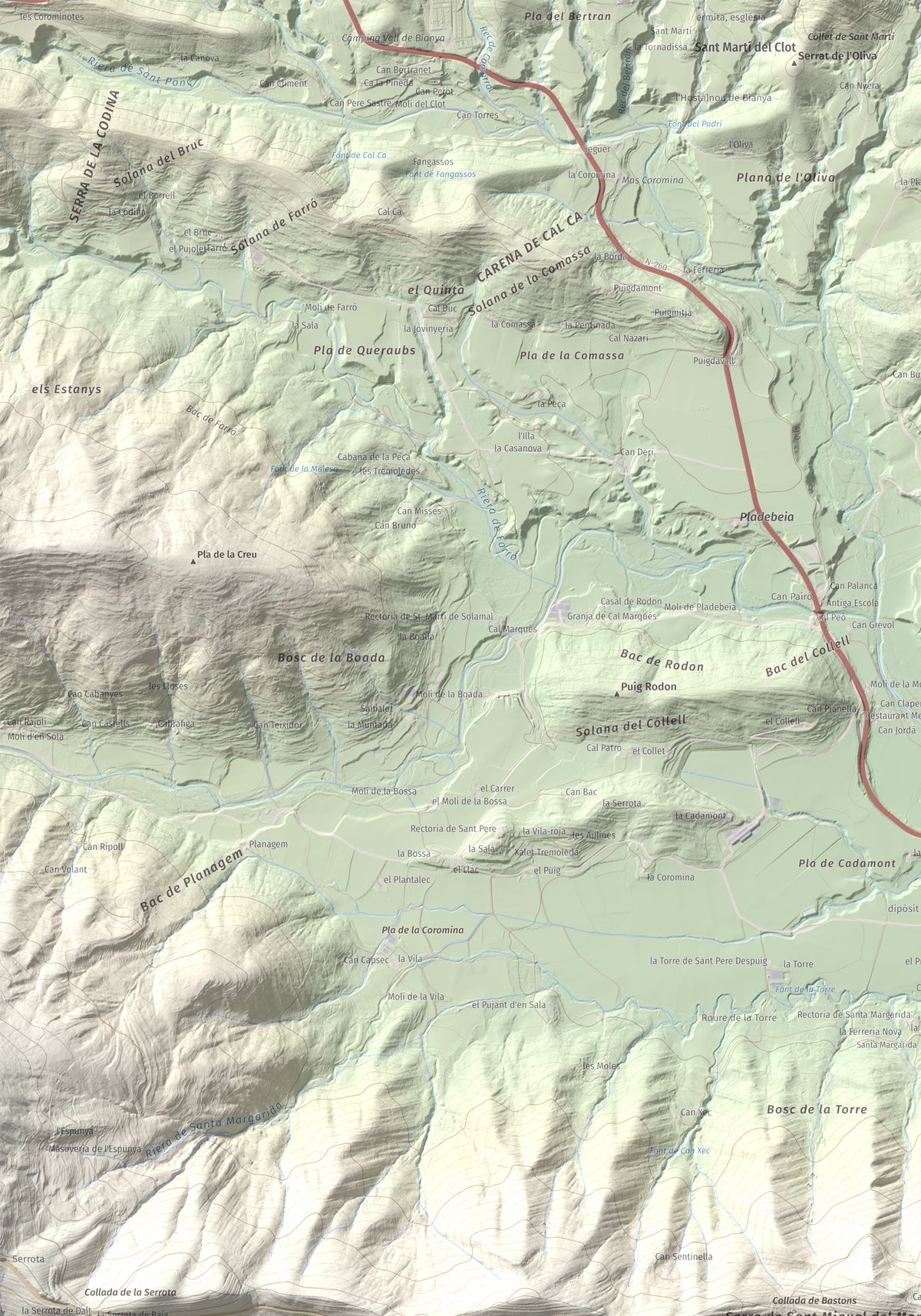 Mapa de relieve de Sant Miquel del Mont, 793 m, Garrotxa, lámina 100 Cims de Trobart. Detalle de la zona superior izquierda. 70 × 100 cm.