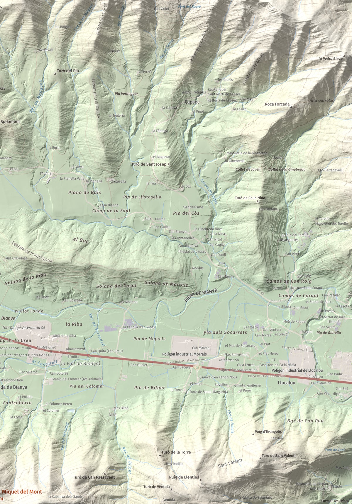 Mapa de relieve de Sant Miquel del Mont, 793 m, Garrotxa, lámina 100 Cims de Trobart. Detalle de la zona superior derecha. 70 × 100 cm.