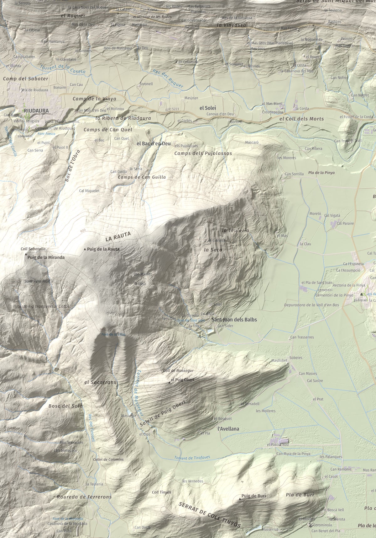 Mapa de relieve de Sant Miquel del Mont, 793 m, Garrotxa, lámina 100 Cims de Trobart. Detalle de la zona inferior izquierda. 70 × 100 cm.
