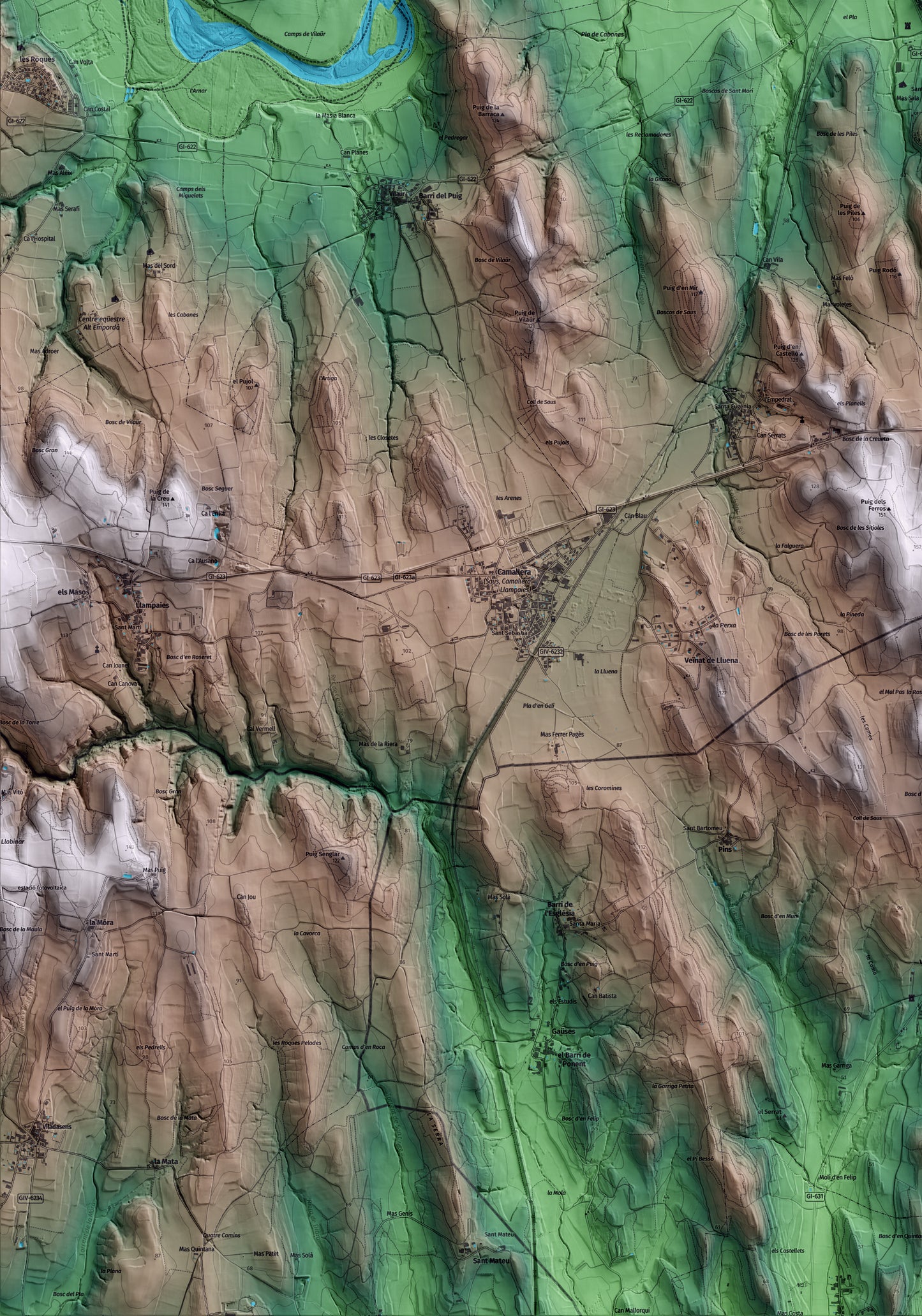 Mapa artístico del relieve de Sant Mori, al Alt Empordà, con 15 km de entorno y base topográfica ICGC. Detalle de la zona inferior izquierda.