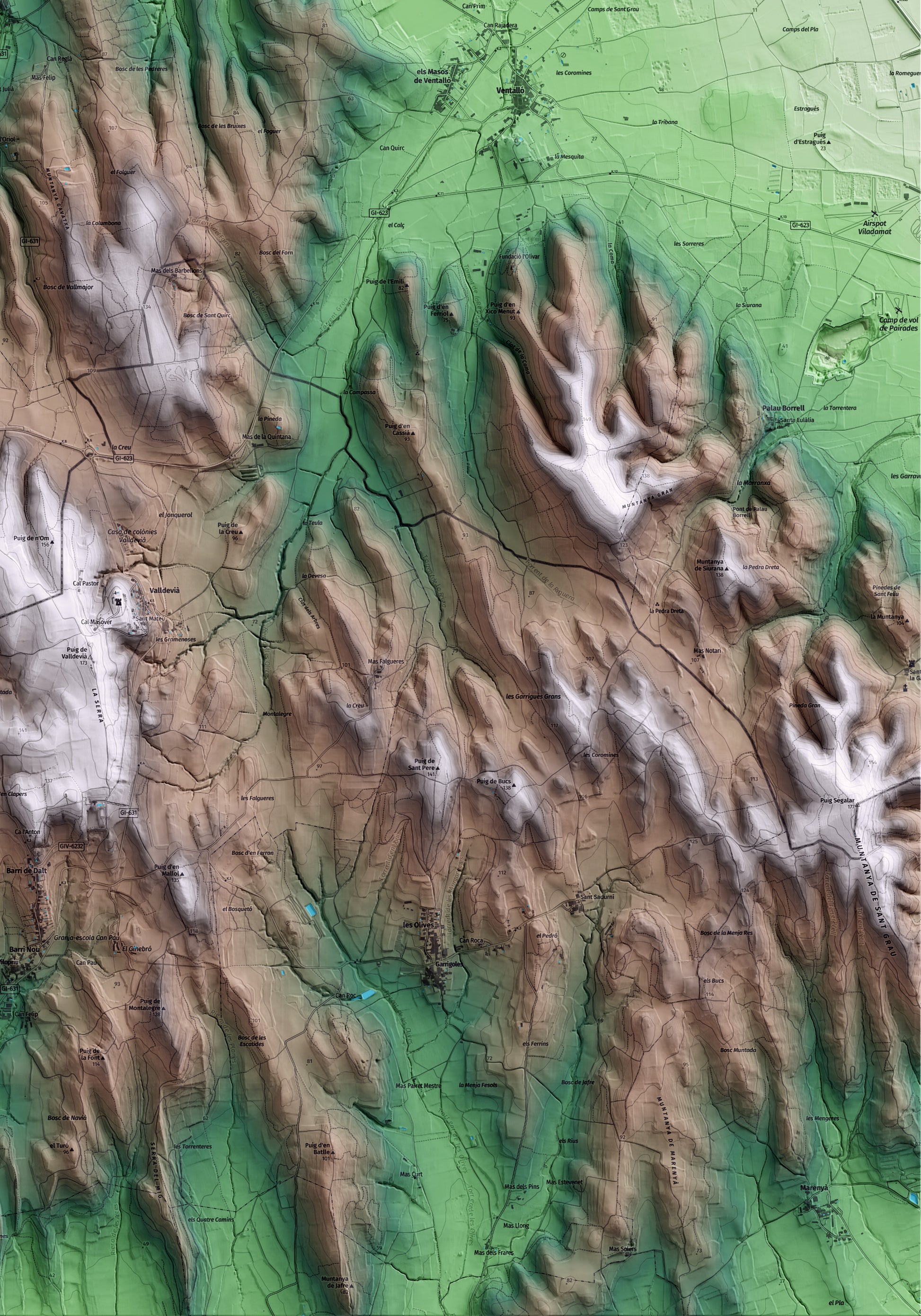 Mapa artístico del relieve de Sant Mori, al Alt Empordà, con 15 km de entorno y base topográfica ICGC. Detalle de la zona inferior derecha.