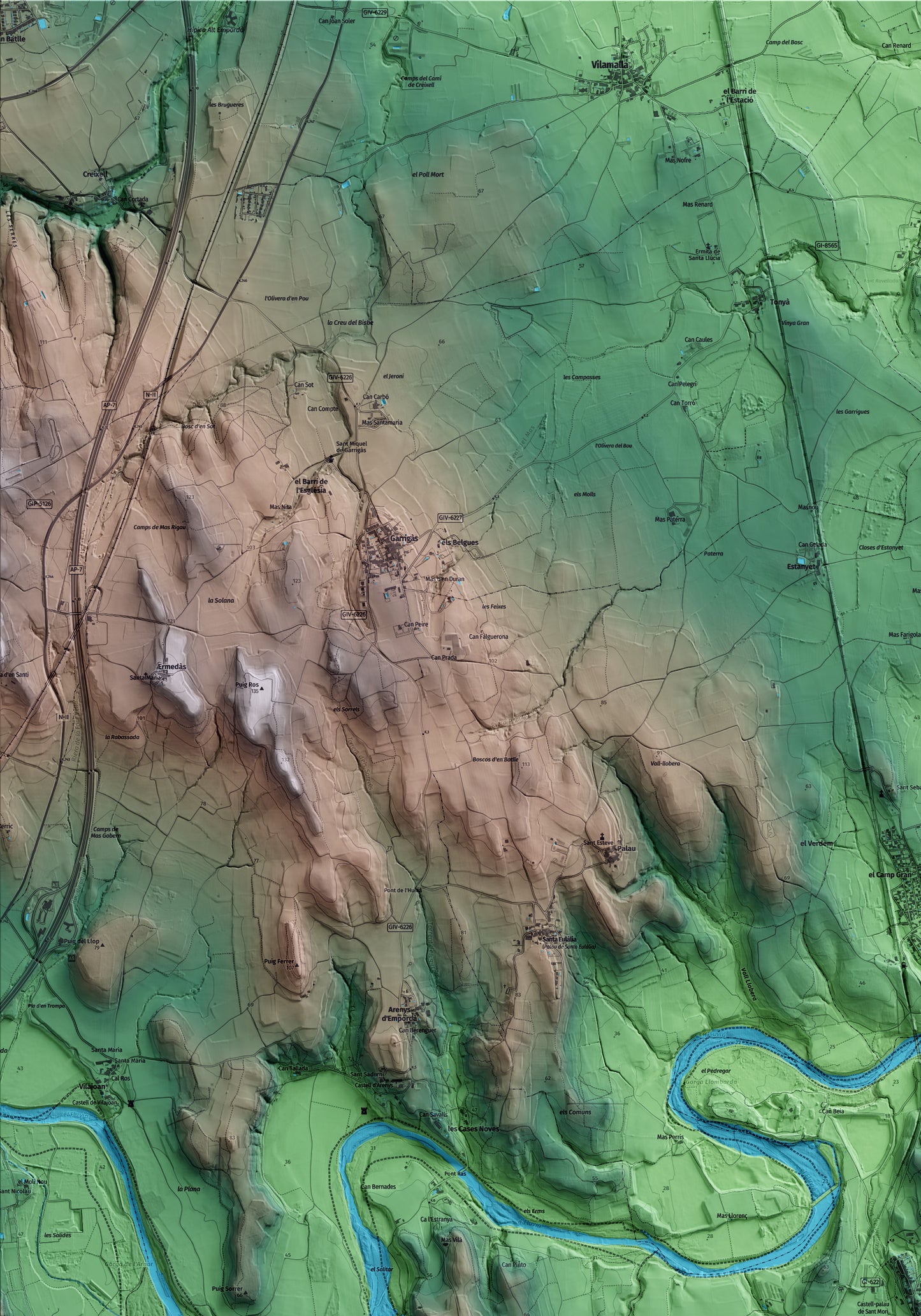 Mapa artístico del relieve de Sant Mori, al Alt Empordà, con 15 km de entorno y base topográfica ICGC. Detalle de la zona superior izquierda.