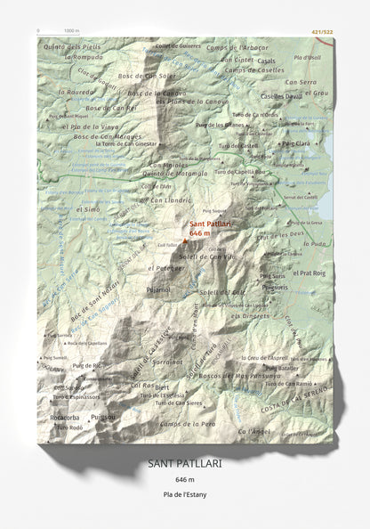Mapa de relieve de Sant Patllari, 646 m, Pla de l'Estany, lámina 100 Cims de Trobart 21 × 30 cm.