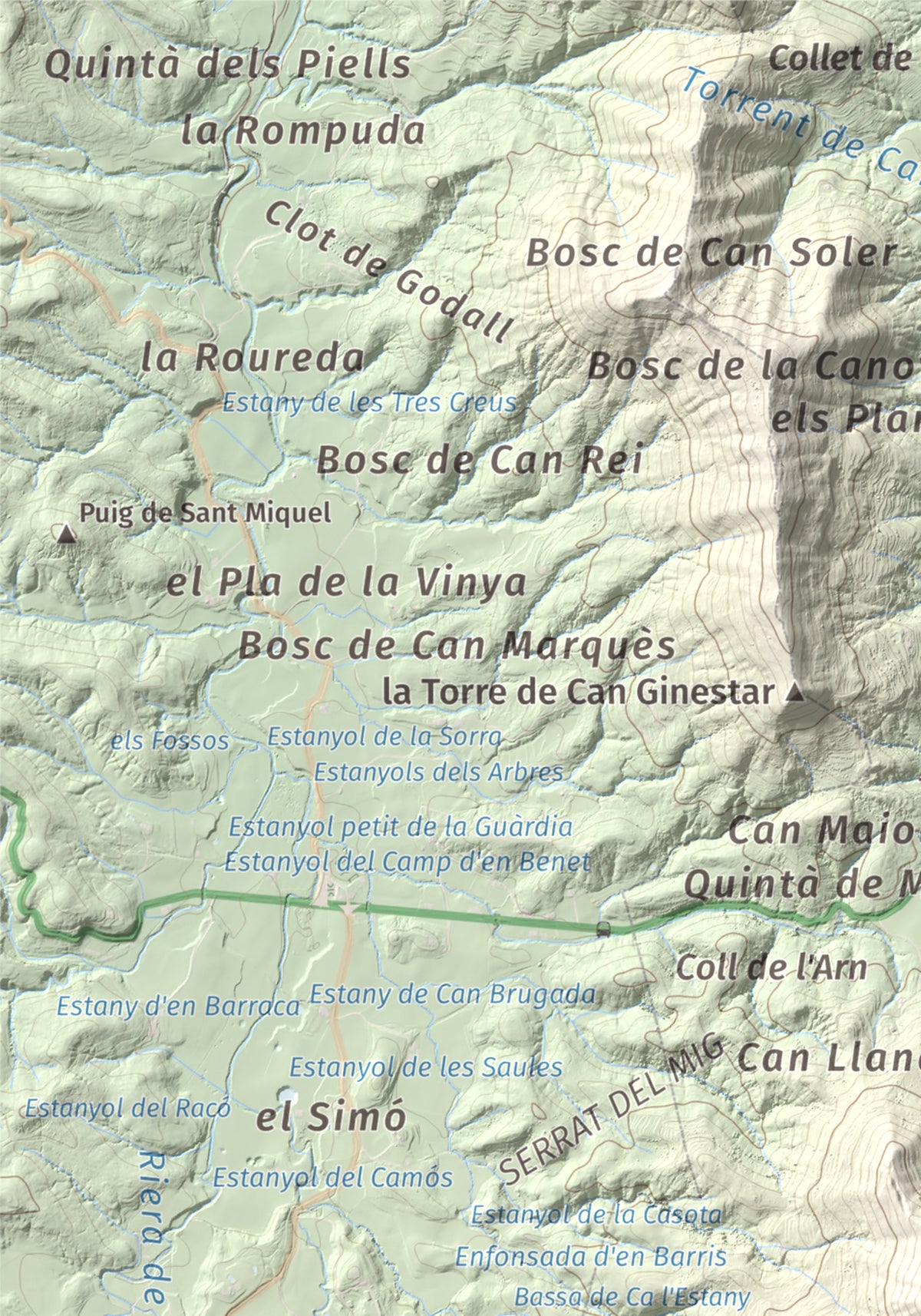 Mapa de relieve de Sant Patllari, 646 m, Pla de l'Estany, lámina 100 Cims de Trobart. Detalle de la zona superior izquierda. 21 × 30 cm.