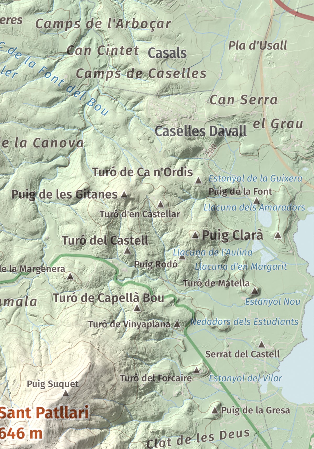 Mapa de relieve de Sant Patllari, 646 m, Pla de l'Estany, lámina 100 Cims de Trobart. Detalle de la zona superior derecha. 21 × 30 cm.