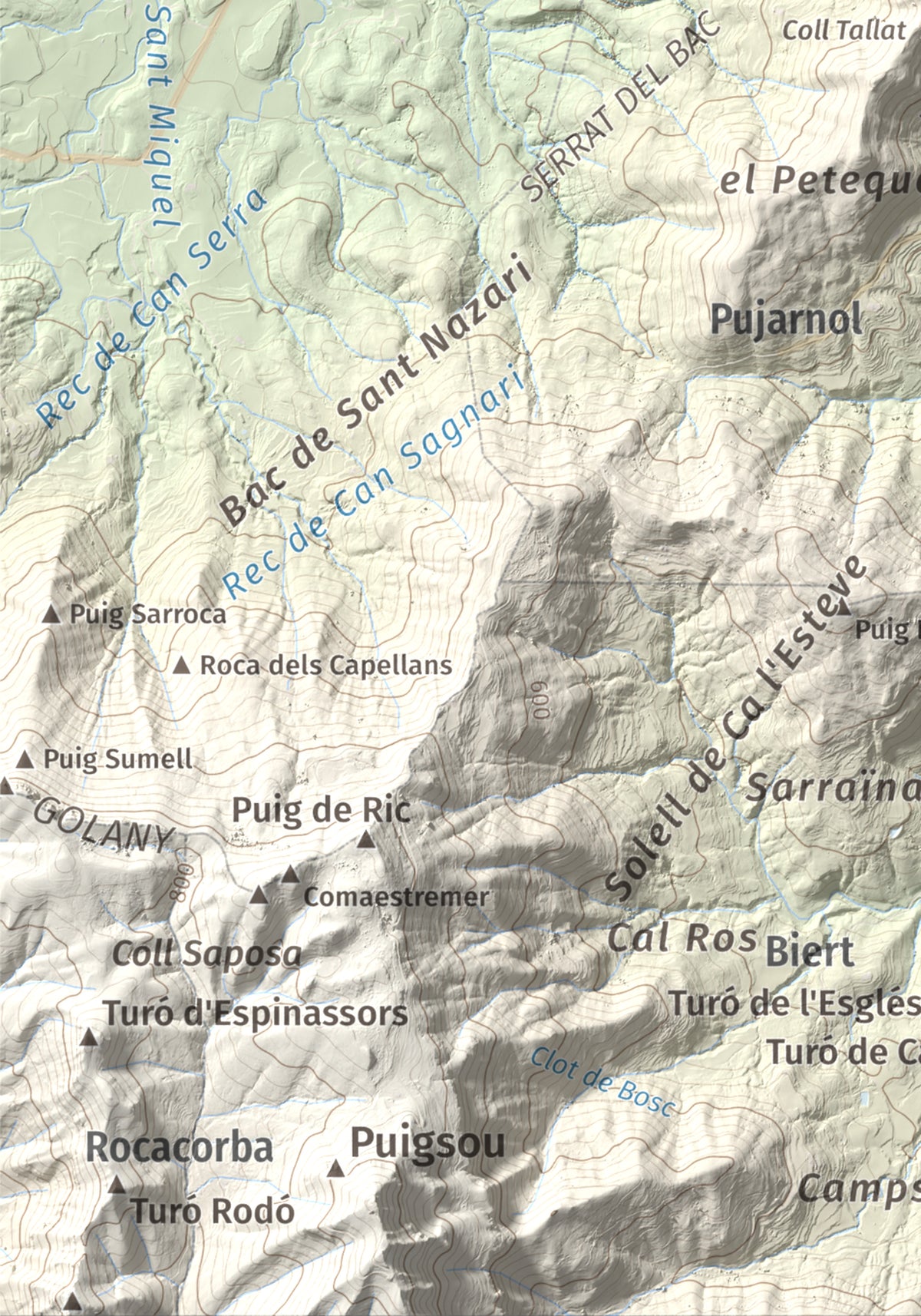 Mapa de relieve de Sant Patllari, 646 m, Pla de l'Estany, lámina 100 Cims de Trobart. Detalle de la zona inferior izquierda. 21 × 30 cm.