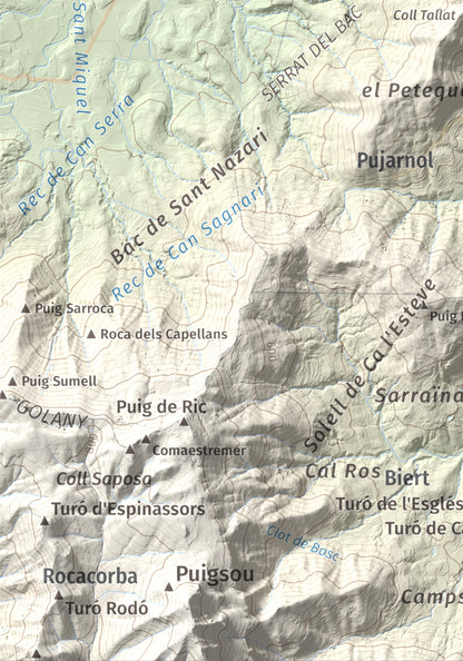 Mapa de relieve de Sant Patllari, 646 m, Pla de l'Estany, lámina 100 Cims de Trobart. Detalle de la zona inferior izquierda. 21 × 30 cm.