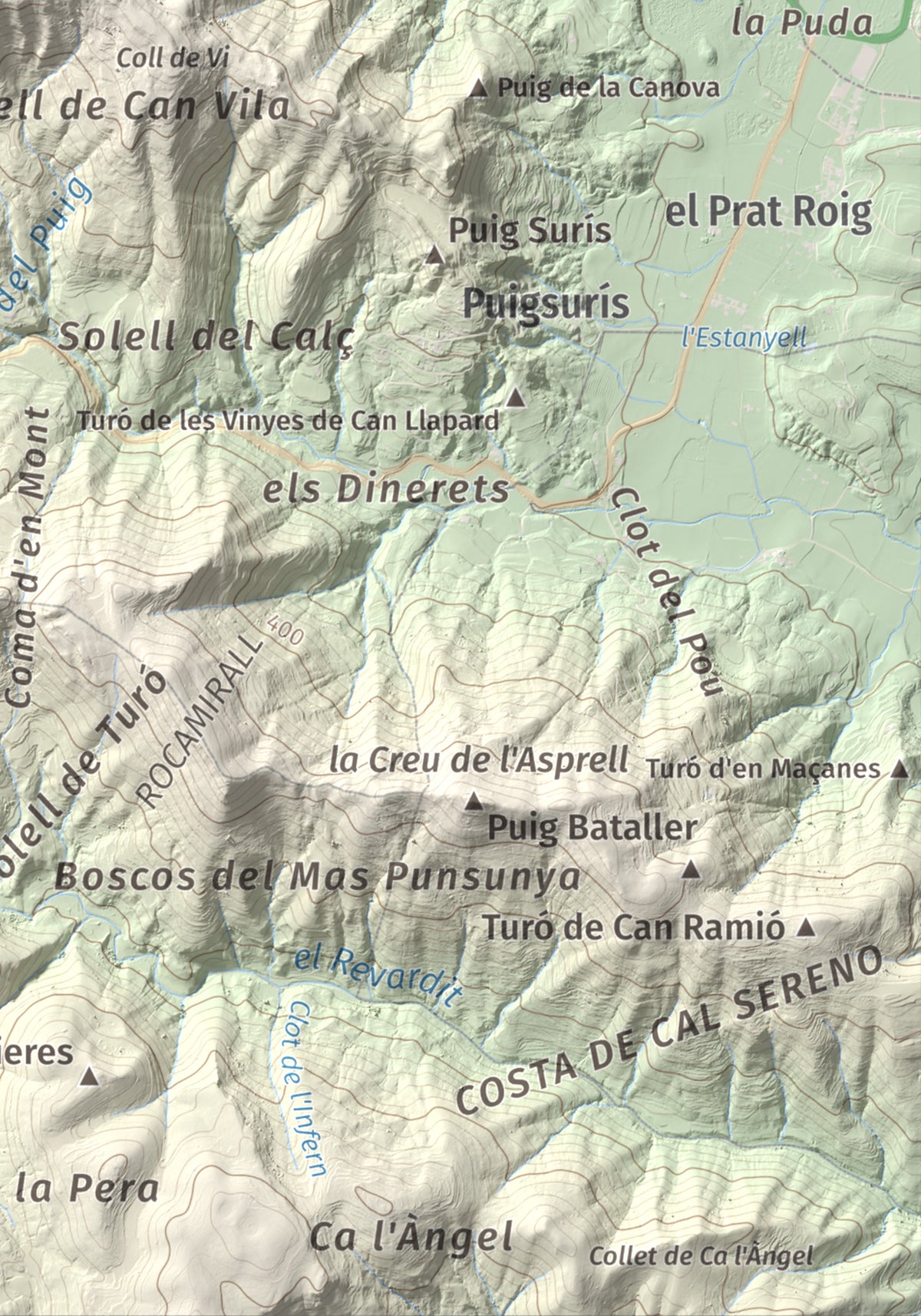 Mapa de relieve de Sant Patllari, 646 m, Pla de l'Estany, lámina 100 Cims de Trobart. Detalle de la zona inferior derecha. 21 × 30 cm.