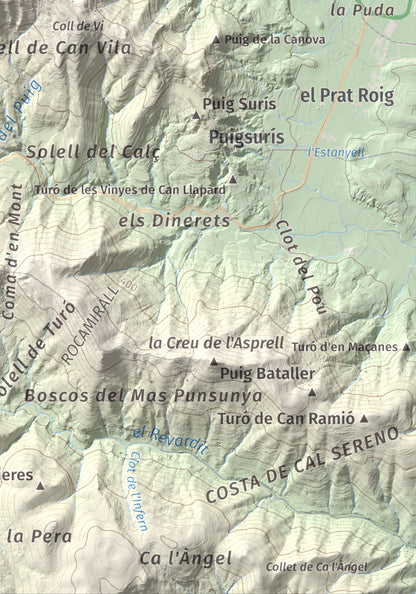Mapa de relieve de Sant Patllari, 646 m, Pla de l'Estany, lámina 100 Cims de Trobart. Detalle de la zona inferior derecha. 21 × 30 cm.