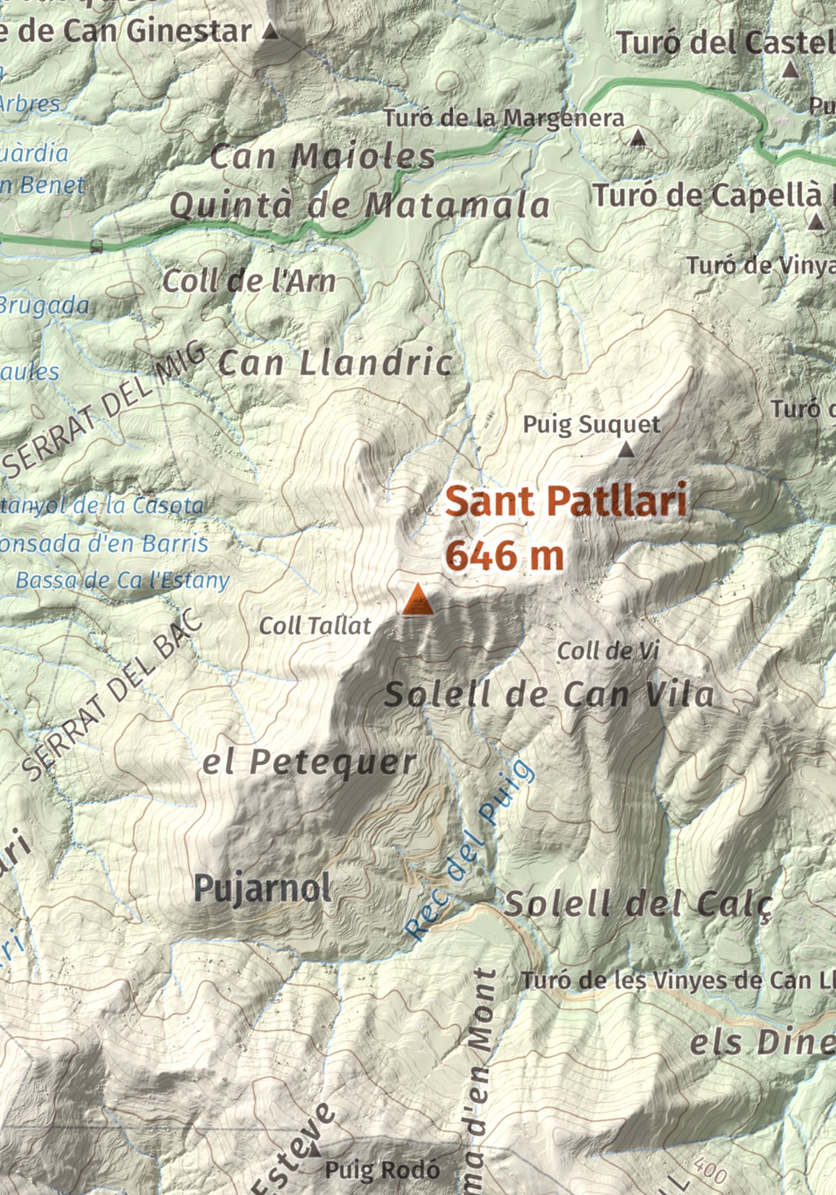 Mapa de relieve de Sant Patllari, 646 m, Pla de l'Estany, lámina 100 Cims de Trobart. Detalle de la zona central. 21 × 30 cm.