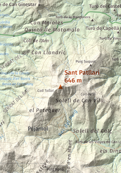 Mapa de relieve de Sant Patllari, 646 m, Pla de l'Estany, lámina 100 Cims de Trobart. Detalle de la zona central. 21 × 30 cm.