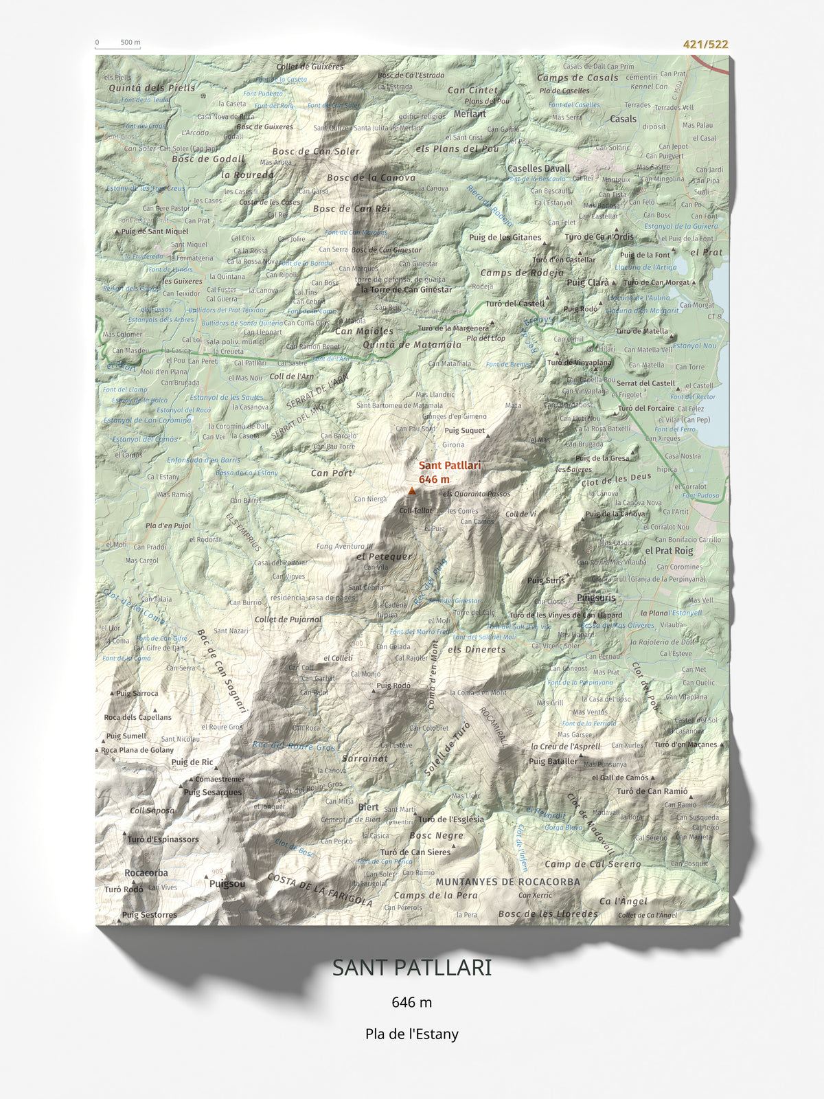 Mapa de relieve de Sant Patllari, 646 m, Pla de l'Estany, lámina 100 Cims de Trobart 30 × 40 cm.