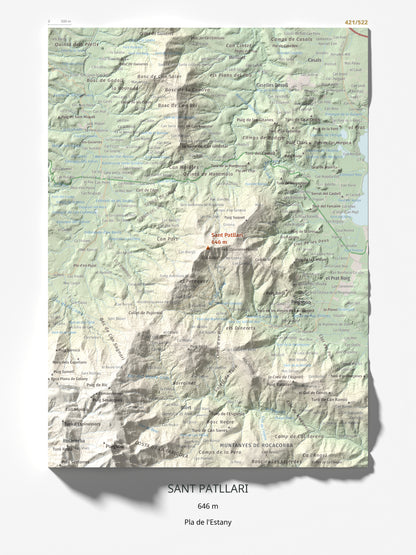 Mapa de relieve de Sant Patllari, 646 m, Pla de l'Estany, lámina 100 Cims de Trobart 30 × 40 cm.
