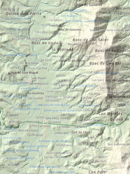 Mapa de relieve de Sant Patllari, 646 m, Pla de l'Estany, lámina 100 Cims de Trobart. Detalle de la zona superior izquierda. 30 × 40 cm.