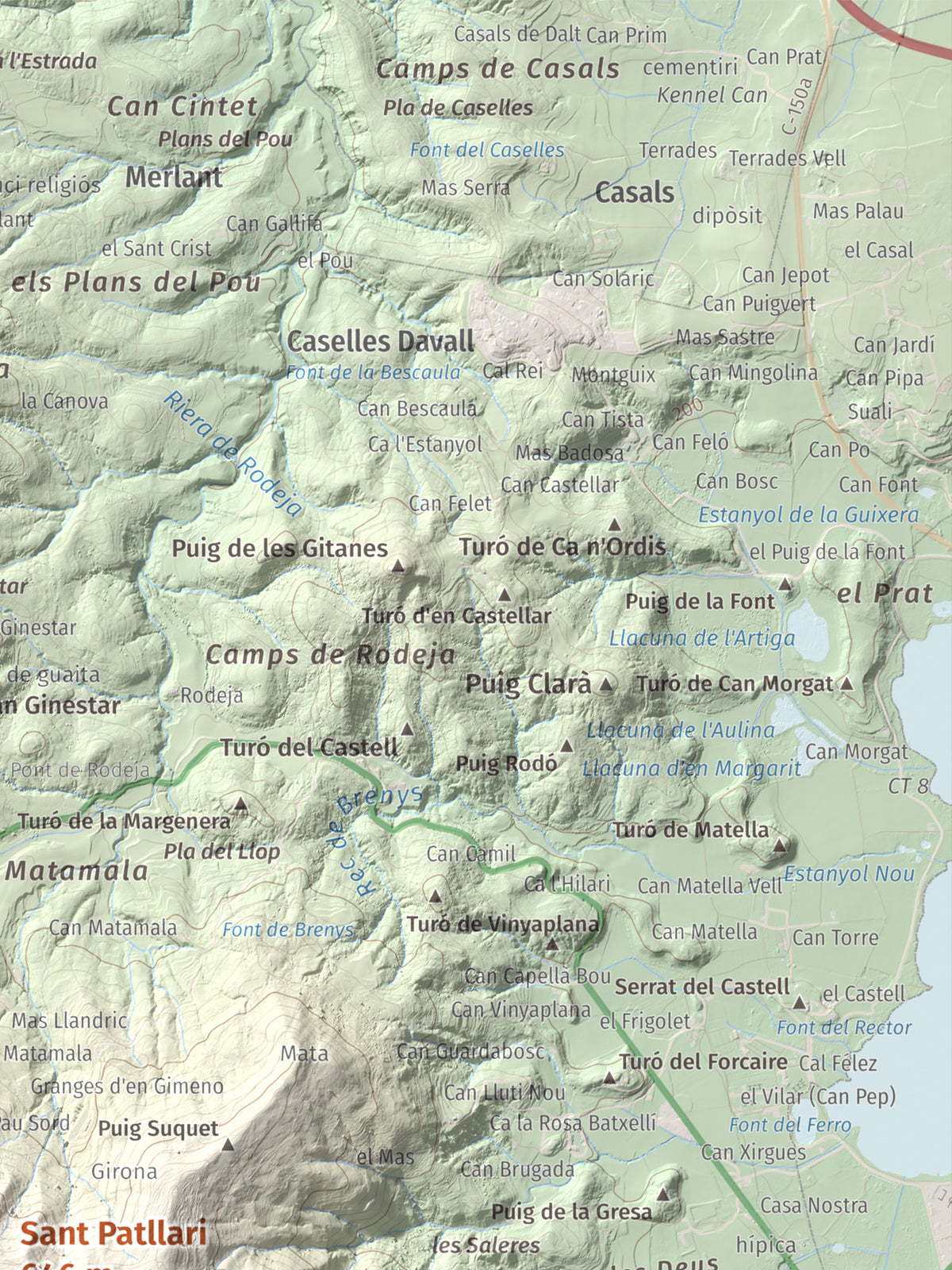Mapa de relieve de Sant Patllari, 646 m, Pla de l'Estany, lámina 100 Cims de Trobart. Detalle de la zona superior derecha. 30 × 40 cm.