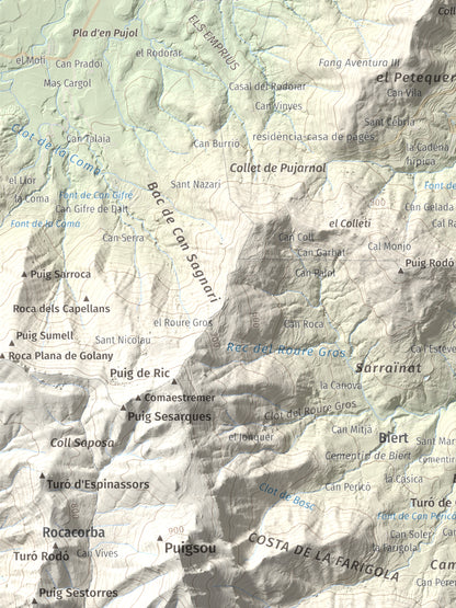 Mapa de relieve de Sant Patllari, 646 m, Pla de l'Estany, lámina 100 Cims de Trobart. Detalle de la zona inferior izquierda. 30 × 40 cm.