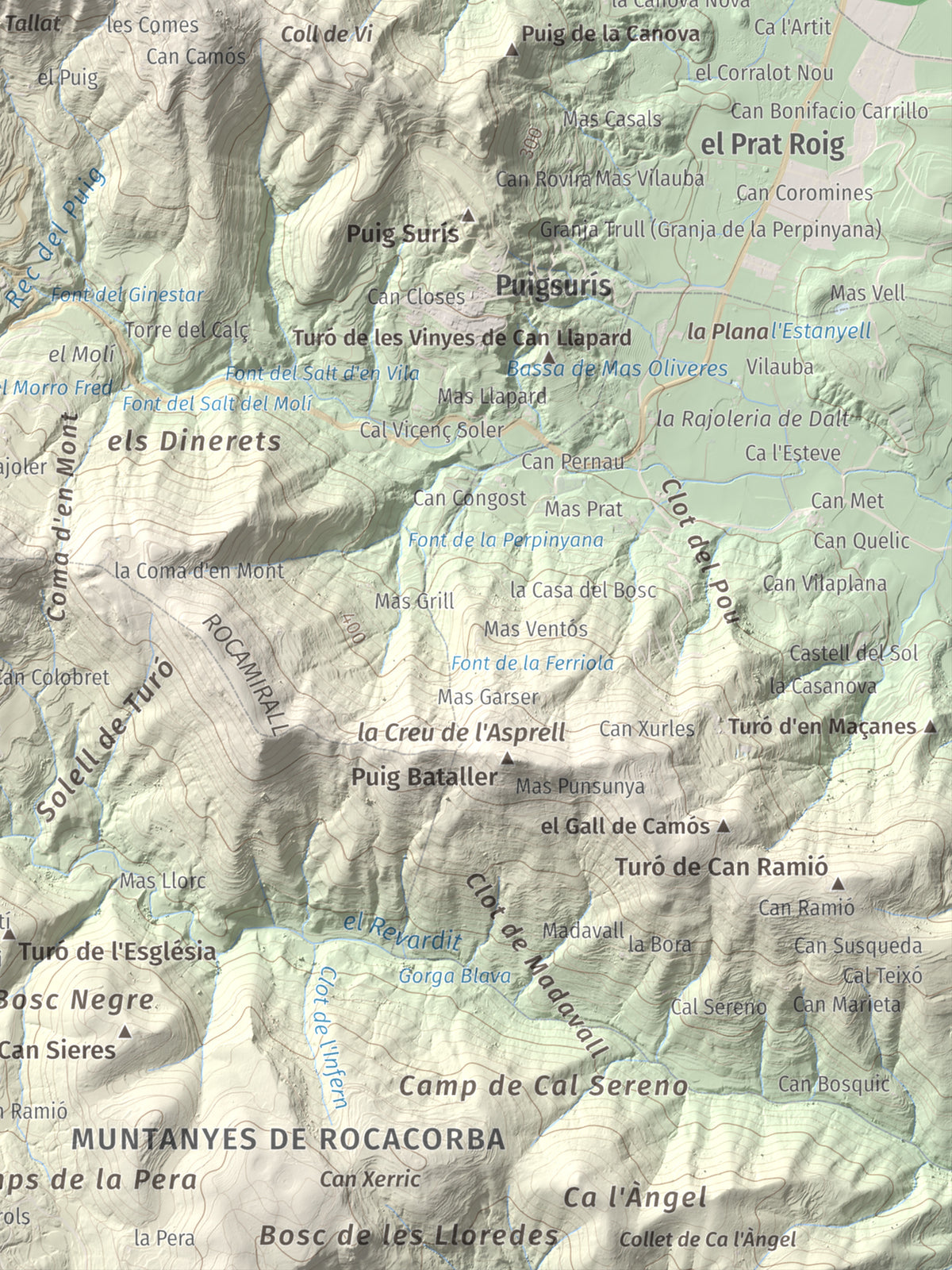 Mapa de relieve de Sant Patllari, 646 m, Pla de l'Estany, lámina 100 Cims de Trobart. Detalle de la zona inferior derecha. 30 × 40 cm.