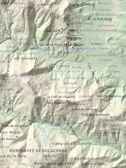 Mapa de relieve de Sant Patllari, 646 m, Pla de l'Estany, lámina 100 Cims de Trobart. Detalle de la zona inferior derecha. 30 × 40 cm.