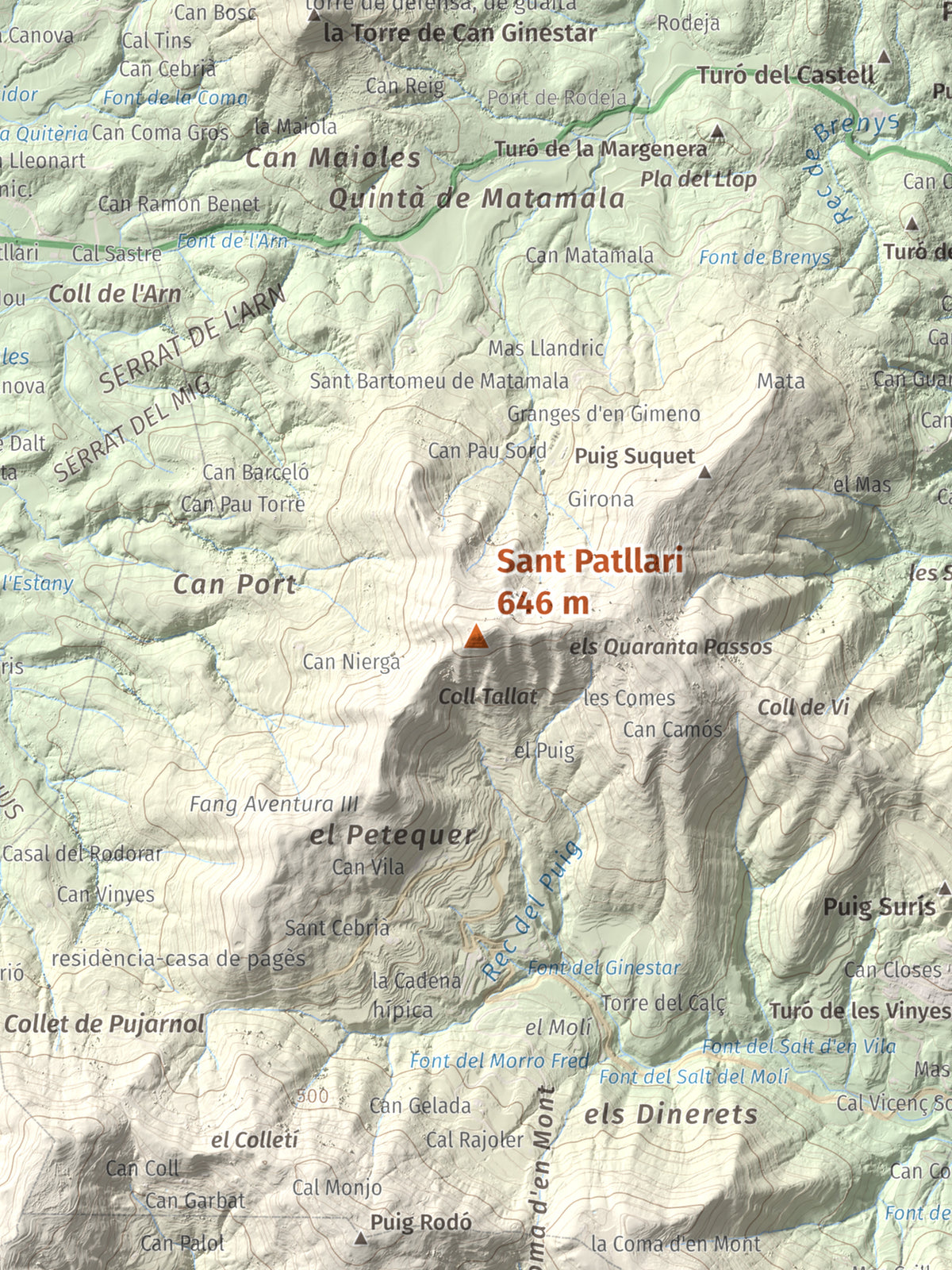 Mapa de relieve de Sant Patllari, 646 m, Pla de l'Estany, lámina 100 Cims de Trobart. Detalle de la zona central. 30 × 40 cm.