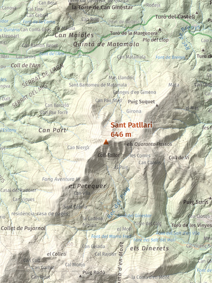 Mapa de relieve de Sant Patllari, 646 m, Pla de l'Estany, lámina 100 Cims de Trobart. Detalle de la zona central. 30 × 40 cm.