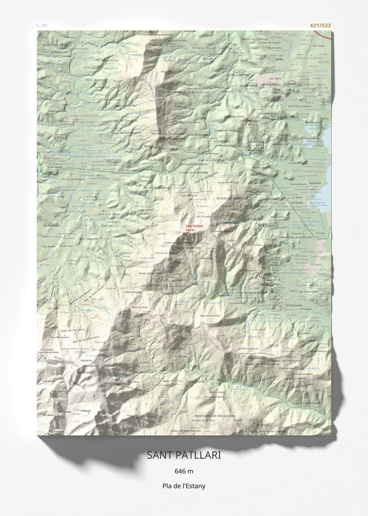 Mapa de relieve de Sant Patllari, 646 m, Pla de l'Estany, lámina 100 Cims de Trobart 50 × 70 cm.