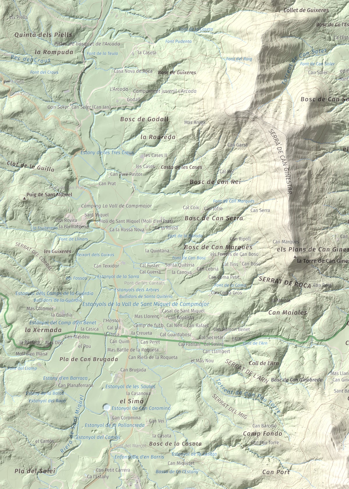 Mapa de relieve de Sant Patllari, 646 m, Pla de l'Estany, lámina 100 Cims de Trobart. Detalle de la zona superior izquierda. 50 × 70 cm.