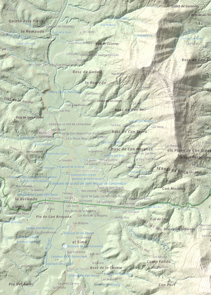 Mapa de relieve de Sant Patllari, 646 m, Pla de l'Estany, lámina 100 Cims de Trobart. Detalle de la zona superior izquierda. 50 × 70 cm.
