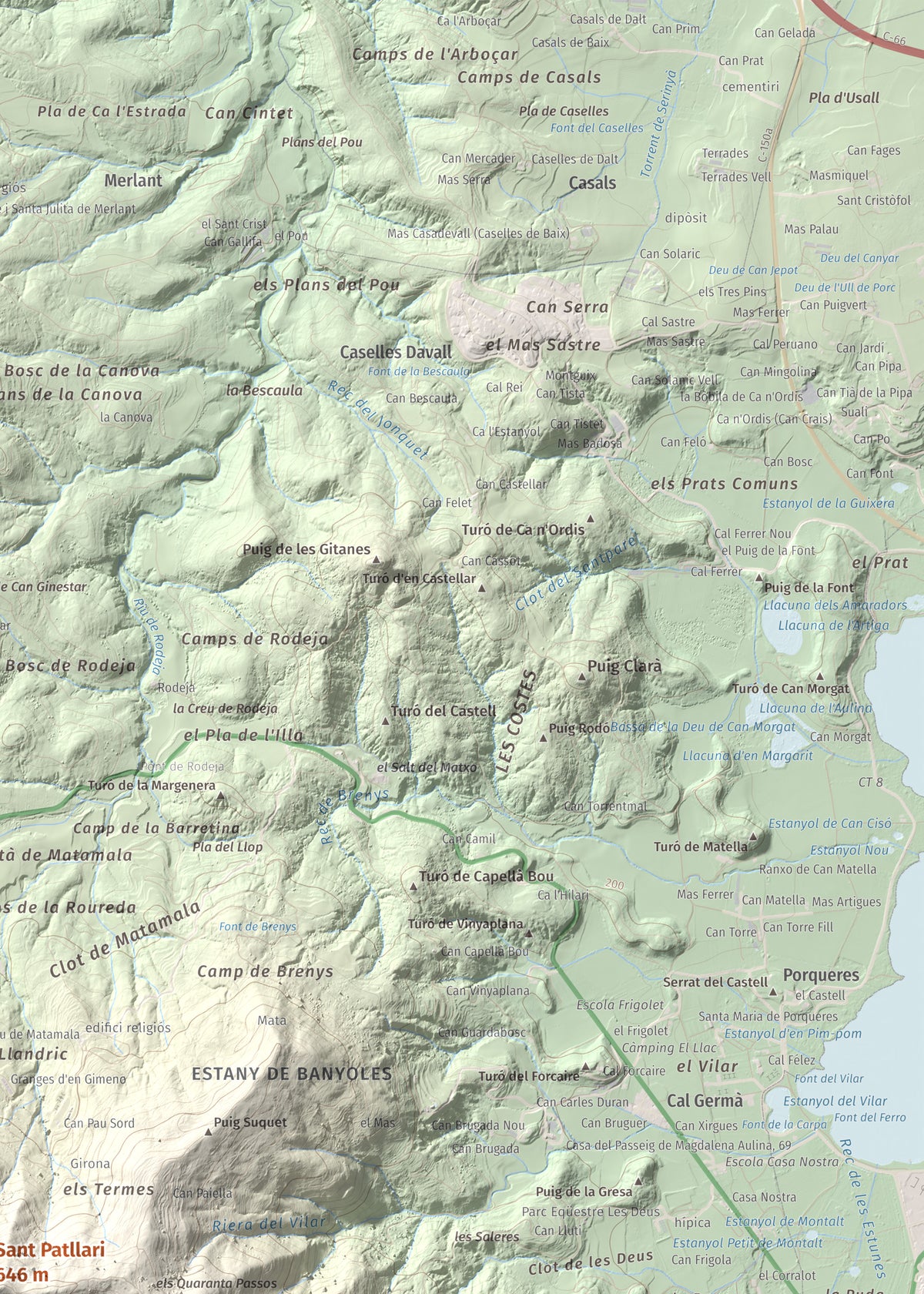 Mapa de relieve de Sant Patllari, 646 m, Pla de l'Estany, lámina 100 Cims de Trobart. Detalle de la zona superior derecha. 50 × 70 cm.