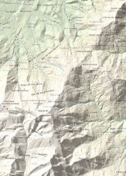 Mapa de relieve de Sant Patllari, 646 m, Pla de l'Estany, lámina 100 Cims de Trobart. Detalle de la zona inferior izquierda. 50 × 70 cm.
