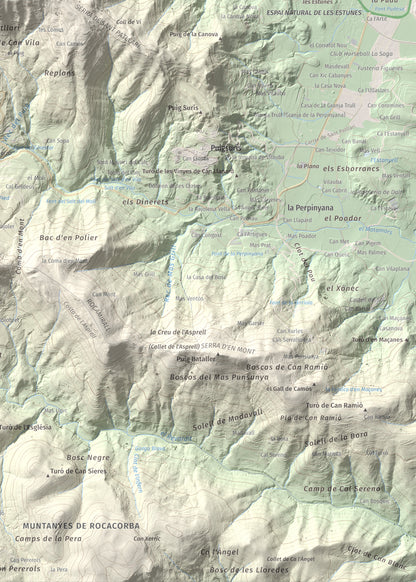Mapa de relieve de Sant Patllari, 646 m, Pla de l'Estany, lámina 100 Cims de Trobart. Detalle de la zona inferior derecha. 50 × 70 cm.