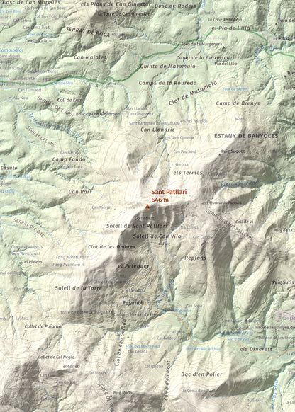 Mapa de relieve de Sant Patllari, 646 m, Pla de l'Estany, lámina 100 Cims de Trobart. Detalle de la zona central. 50 × 70 cm.