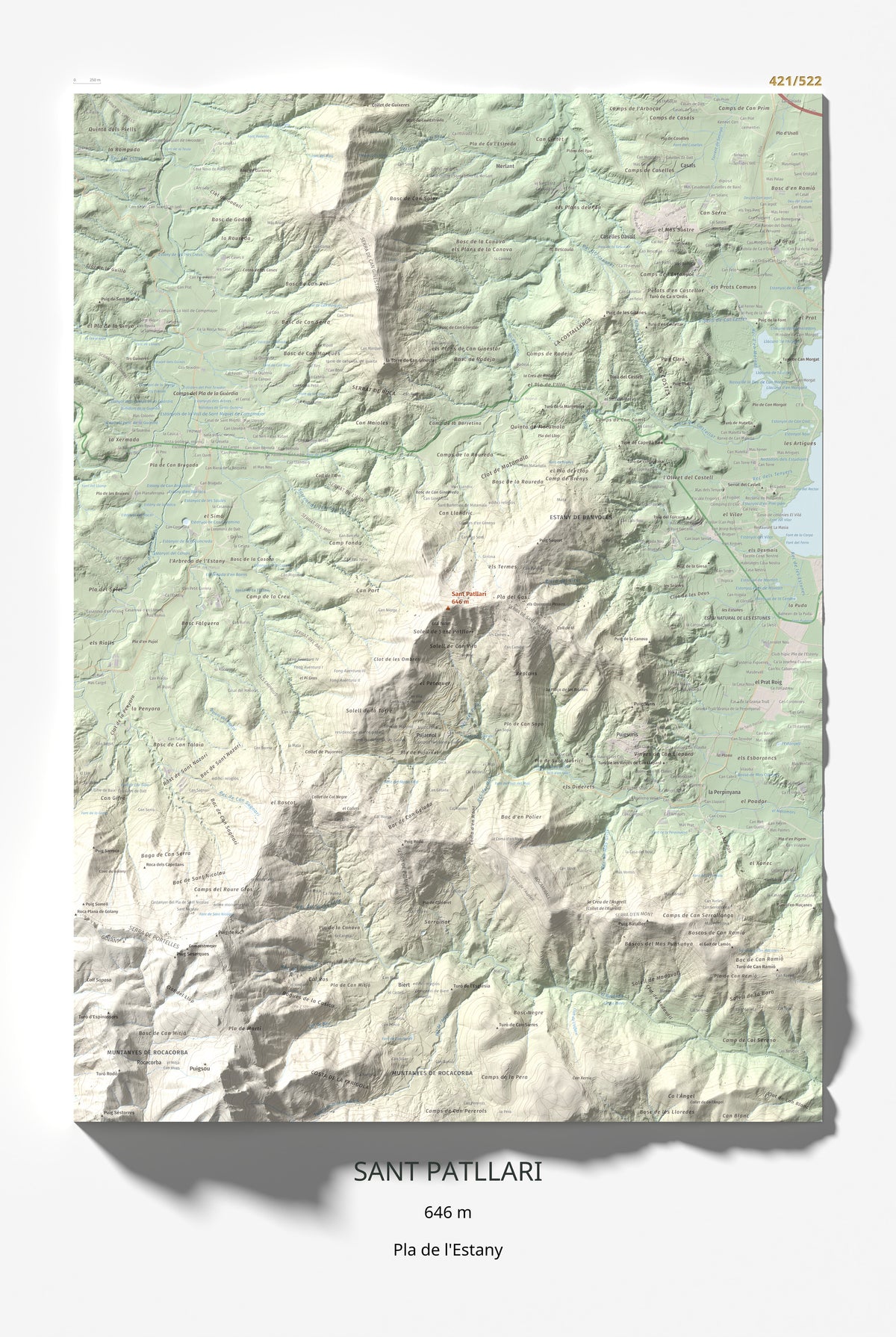 Mapa de relieve de Sant Patllari, 646 m, Pla de l'Estany, lámina 100 Cims de Trobart 61 × 91 cm.