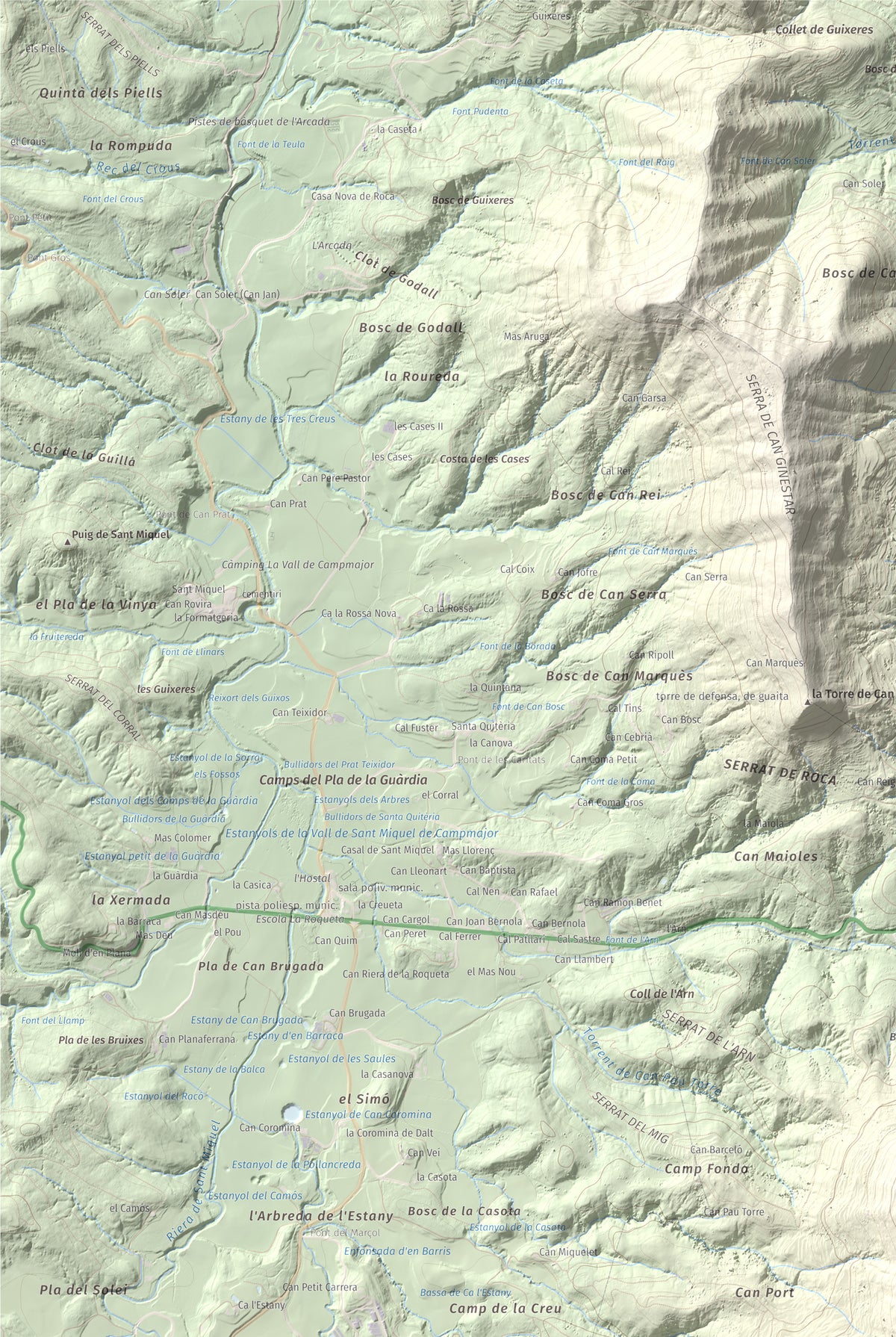 Mapa de relieve de Sant Patllari, 646 m, Pla de l'Estany, lámina 100 Cims de Trobart. Detalle de la zona superior izquierda. 61 × 91 cm.