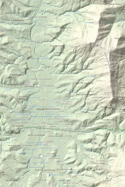 Mapa de relieve de Sant Patllari, 646 m, Pla de l'Estany, lámina 100 Cims de Trobart. Detalle de la zona superior izquierda. 61 × 91 cm.