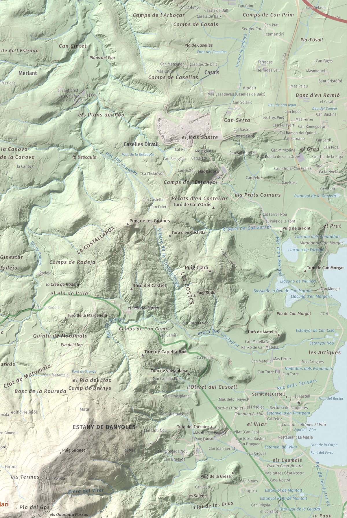 Mapa de relieve de Sant Patllari, 646 m, Pla de l'Estany, lámina 100 Cims de Trobart. Detalle de la zona superior derecha. 61 × 91 cm.