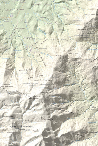 Mapa de relieve de Sant Patllari, 646 m, Pla de l'Estany, lámina 100 Cims de Trobart. Detalle de la zona inferior izquierda. 61 × 91 cm.