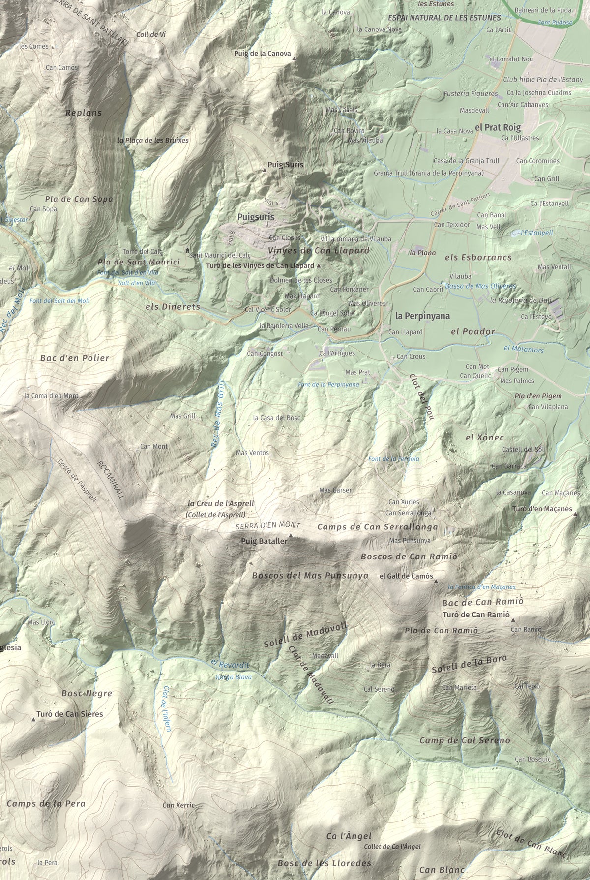 Mapa de relieve de Sant Patllari, 646 m, Pla de l'Estany, lámina 100 Cims de Trobart. Detalle de la zona inferior derecha. 61 × 91 cm.