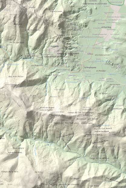 Mapa de relieve de Sant Patllari, 646 m, Pla de l'Estany, lámina 100 Cims de Trobart. Detalle de la zona inferior derecha. 61 × 91 cm.