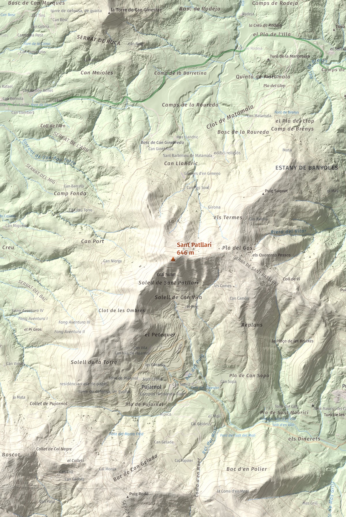 Mapa de relieve de Sant Patllari, 646 m, Pla de l'Estany, lámina 100 Cims de Trobart. Detalle de la zona central. 61 × 91 cm.