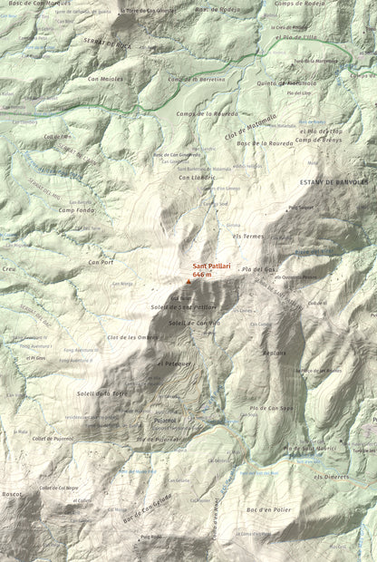 Mapa de relieve de Sant Patllari, 646 m, Pla de l'Estany, lámina 100 Cims de Trobart. Detalle de la zona central. 61 × 91 cm.