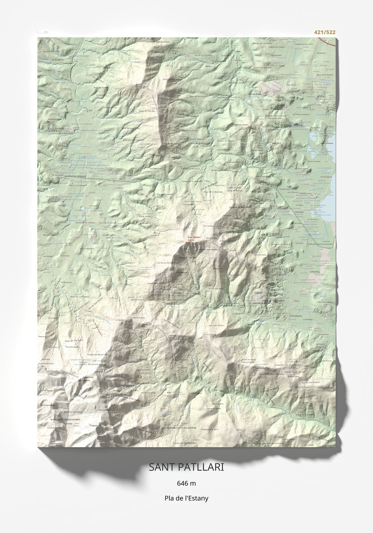 Mapa de relieve de Sant Patllari, 646 m, Pla de l'Estany, lámina 100 Cims de Trobart 70 × 100 cm.