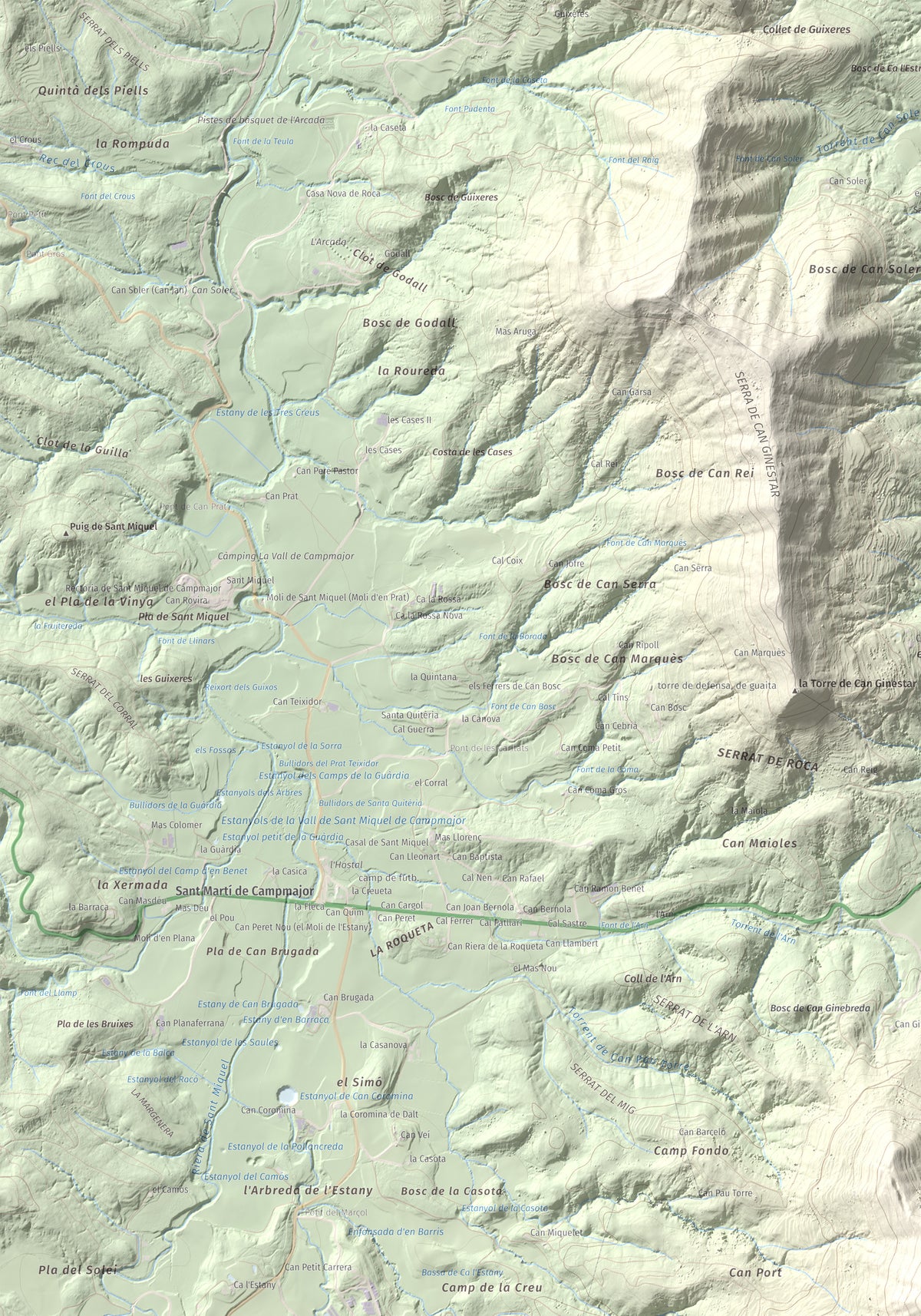 Mapa de relieve de Sant Patllari, 646 m, Pla de l'Estany, lámina 100 Cims de Trobart. Detalle de la zona superior izquierda. 70 × 100 cm.
