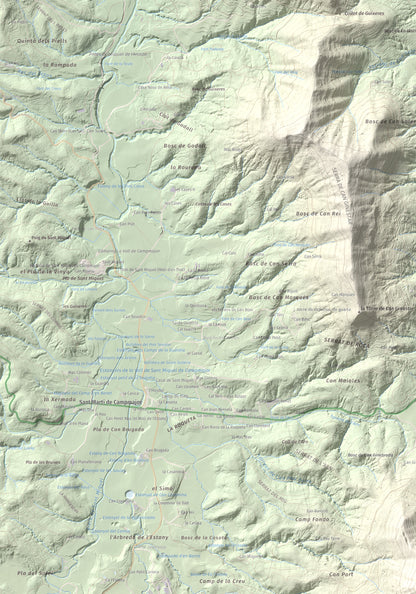 Mapa de relieve de Sant Patllari, 646 m, Pla de l'Estany, lámina 100 Cims de Trobart. Detalle de la zona superior izquierda. 70 × 100 cm.