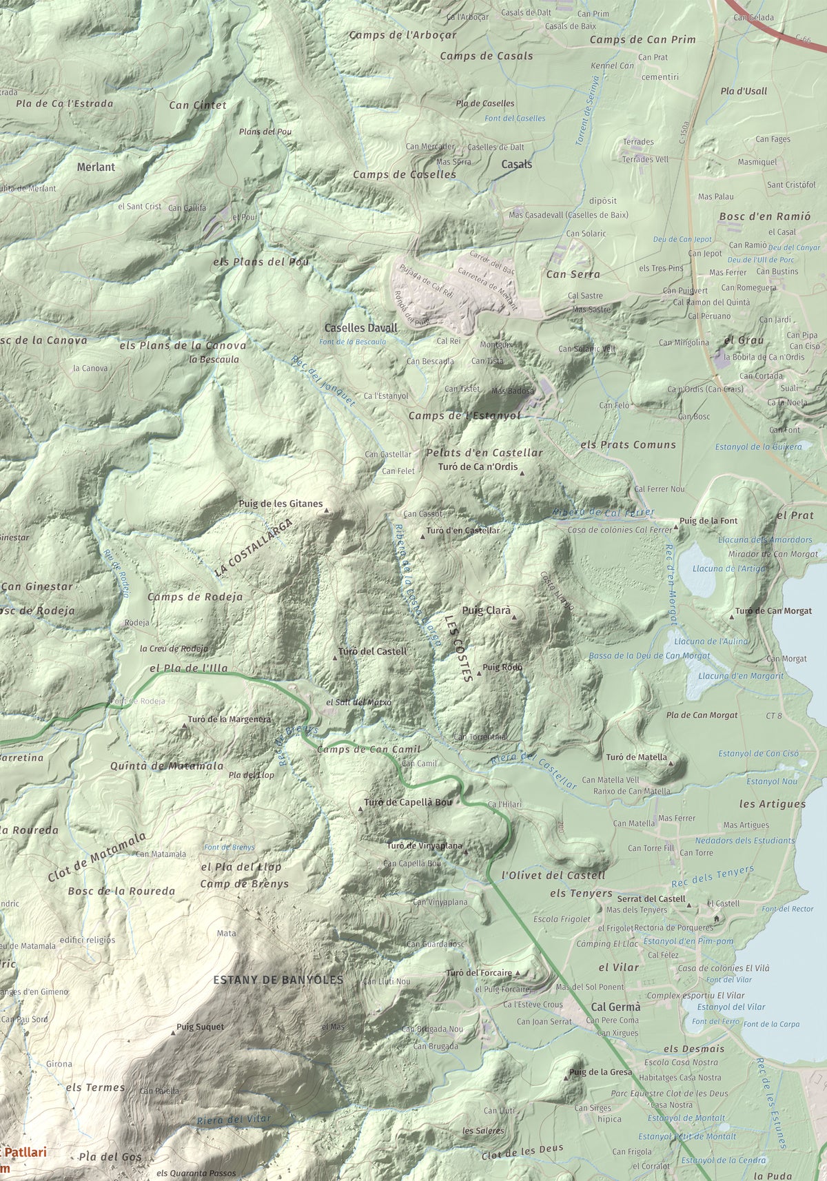 Mapa de relieve de Sant Patllari, 646 m, Pla de l'Estany, lámina 100 Cims de Trobart. Detalle de la zona superior derecha. 70 × 100 cm.