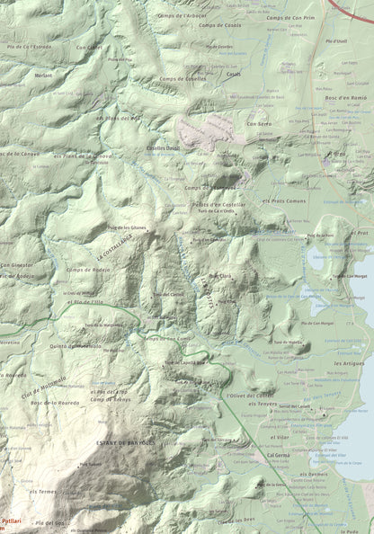 Mapa de relieve de Sant Patllari, 646 m, Pla de l'Estany, lámina 100 Cims de Trobart. Detalle de la zona superior derecha. 70 × 100 cm.