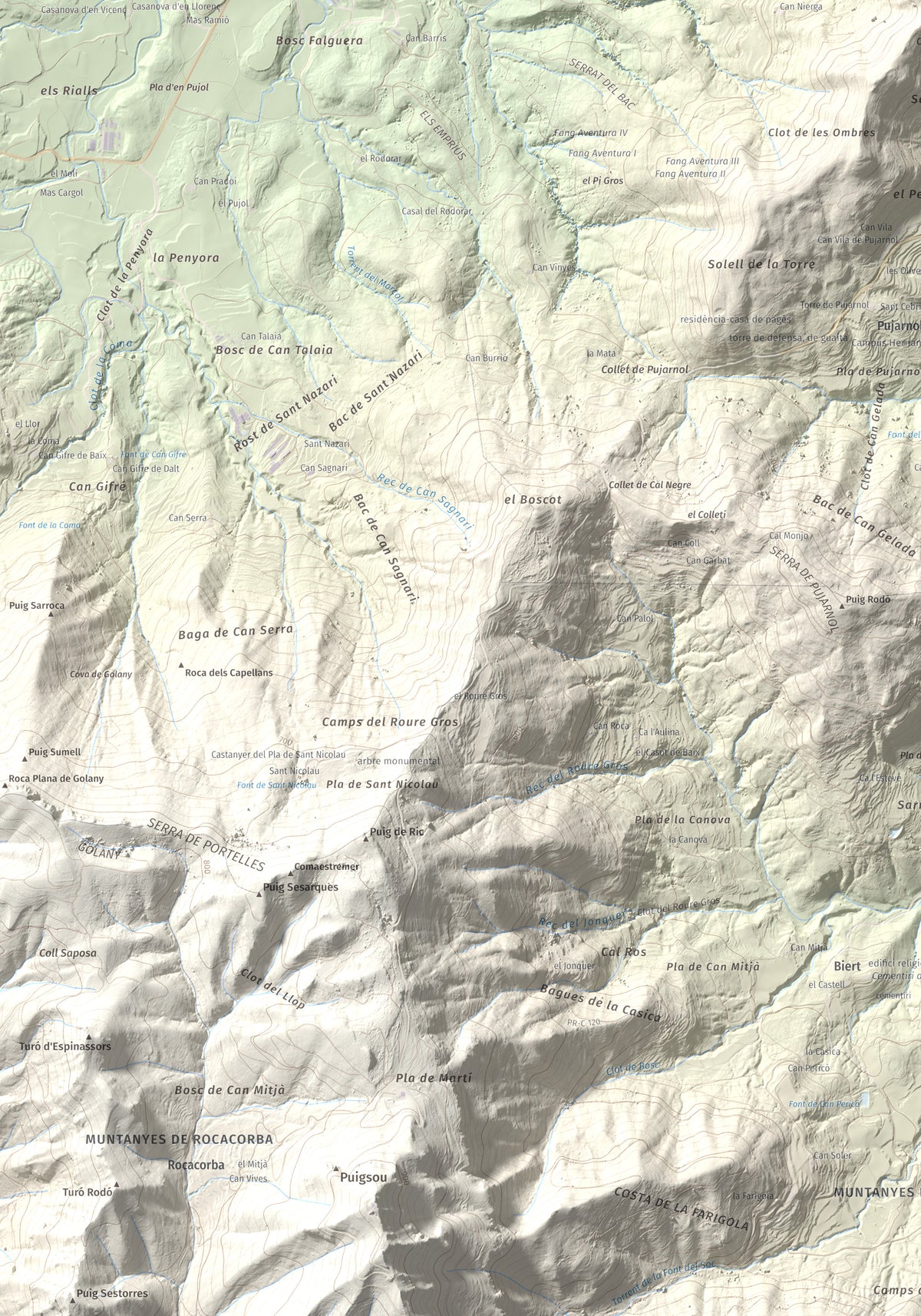 Mapa de relieve de Sant Patllari, 646 m, Pla de l'Estany, lámina 100 Cims de Trobart. Detalle de la zona inferior izquierda. 70 × 100 cm.