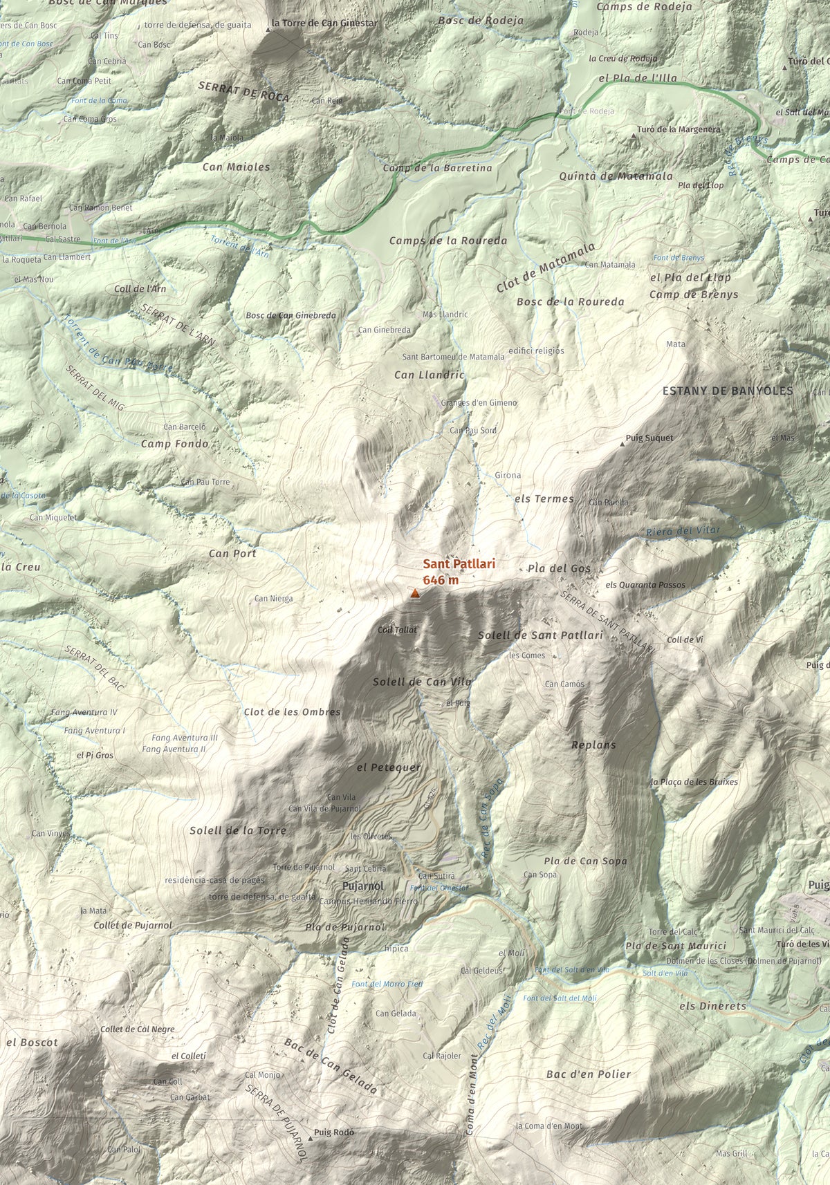 Mapa de relieve de Sant Patllari, 646 m, Pla de l'Estany, lámina 100 Cims de Trobart. Detalle de la zona central. 70 × 100 cm.
