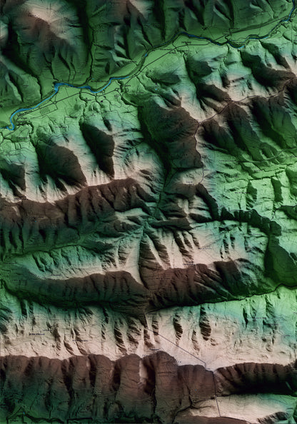 Mapa artístico del relieve de Sant Pau de Segúries, al Ripollès, con 15 km de entorno y base topográfica ICGC. Detalle de la zona inferior izquierda.