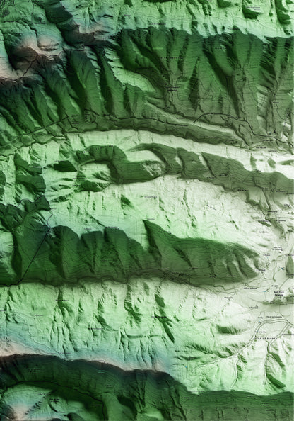 Mapa artístico del relieve de Sant Pau de Segúries, al Ripollès, con 15 km de entorno y base topográfica ICGC. Detalle de la zona inferior derecha.